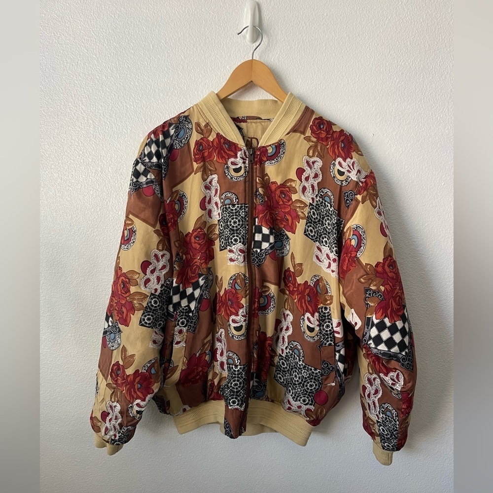 Vintage 90's FUDA International Floral Boho Abstract Silk Bomber Jacket Unisex L